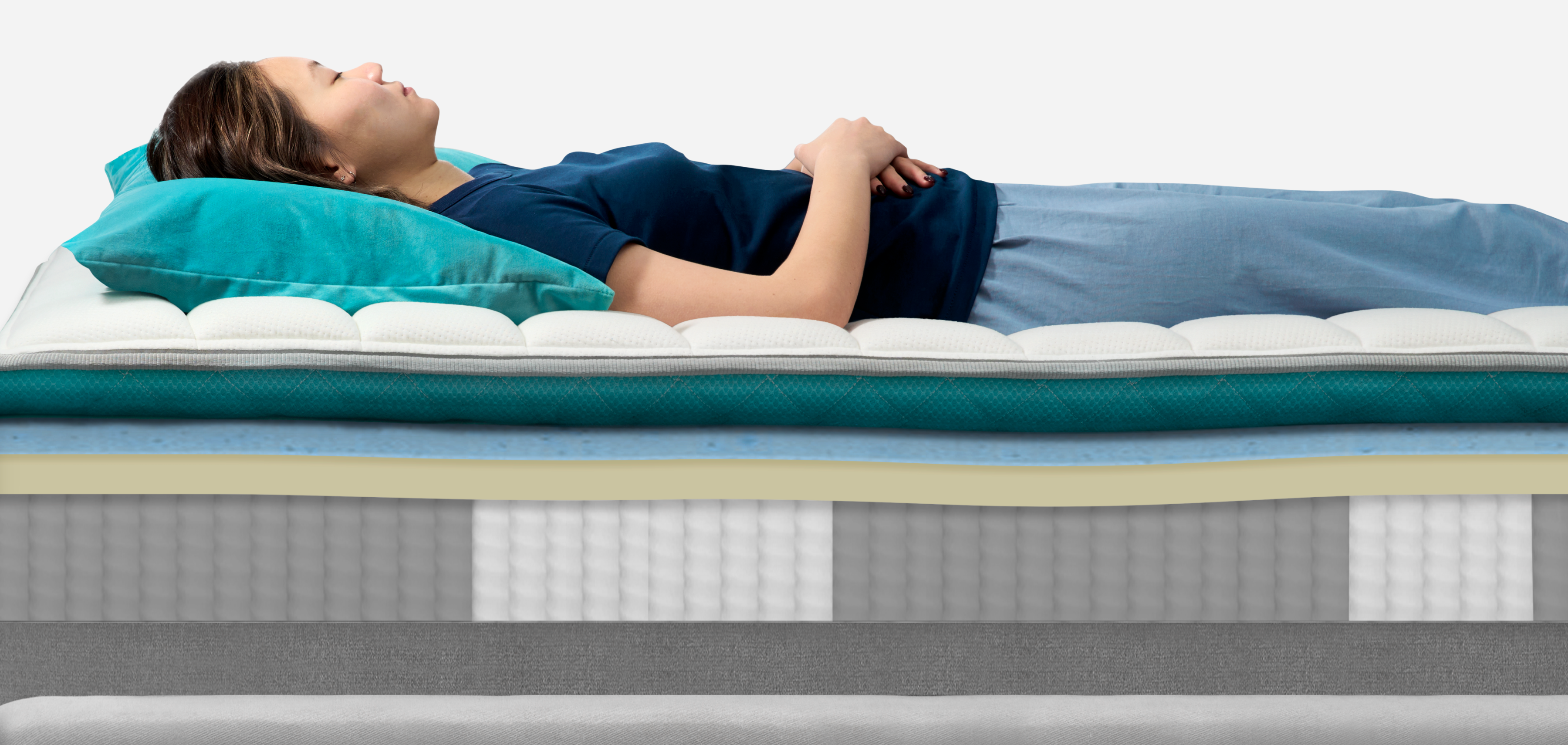 Thick, individually coiled springs in high density foam for spine support