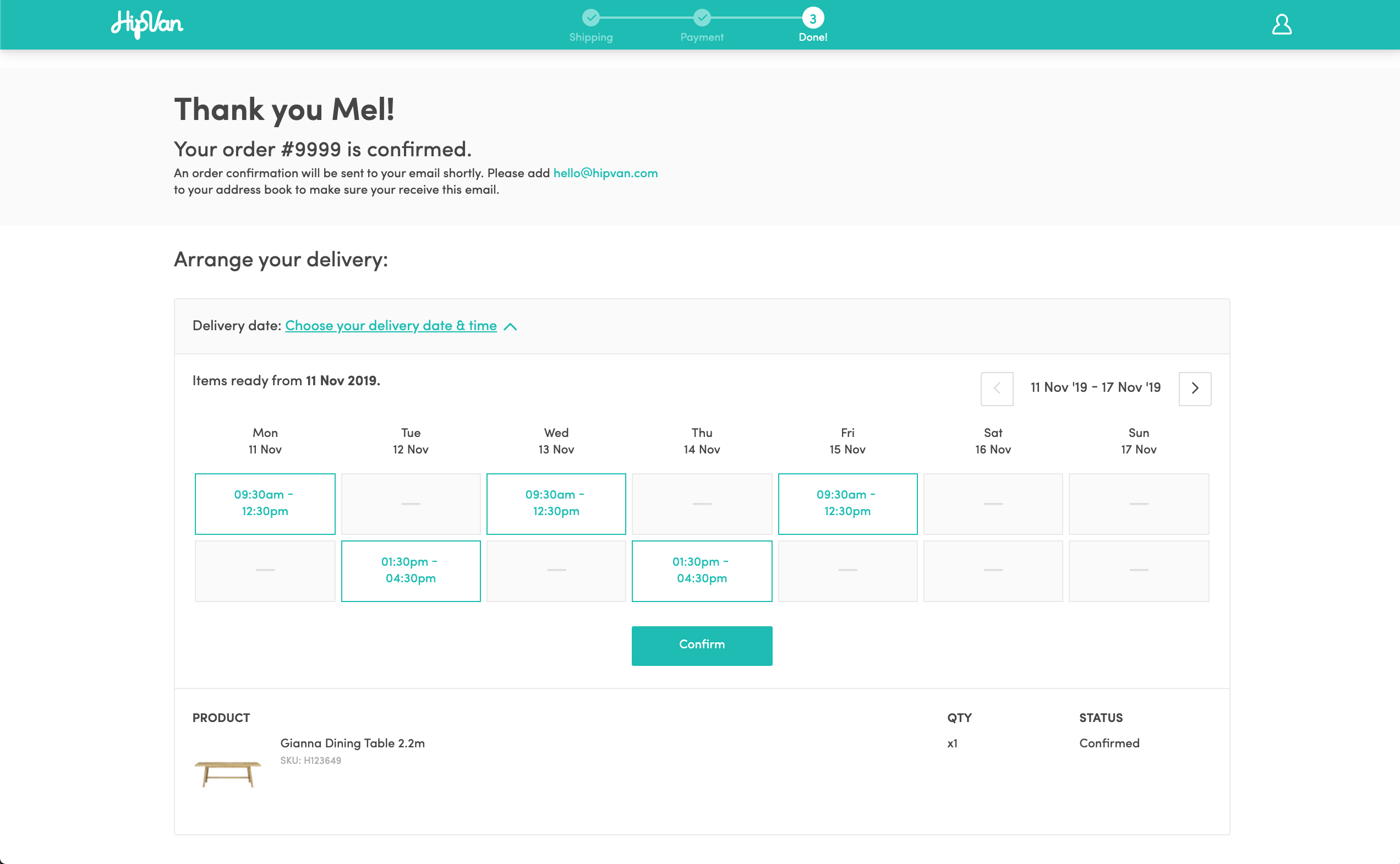 Screenshot of delivery scheduler calendar